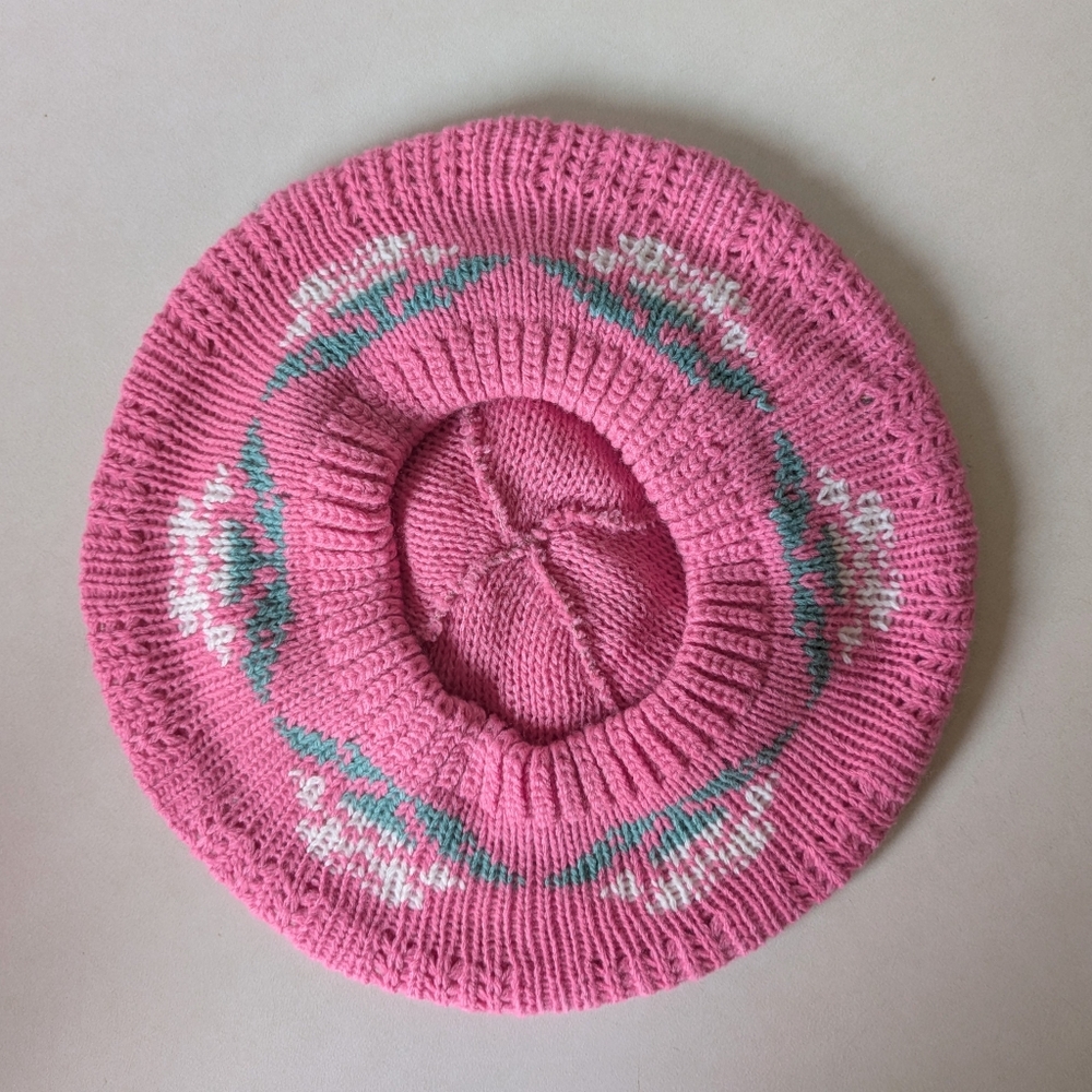 80s Vintage Knit Beret Fair Isle Winter Hat Pink White Flower Beanie Cap Tam - Picture 5 of 16